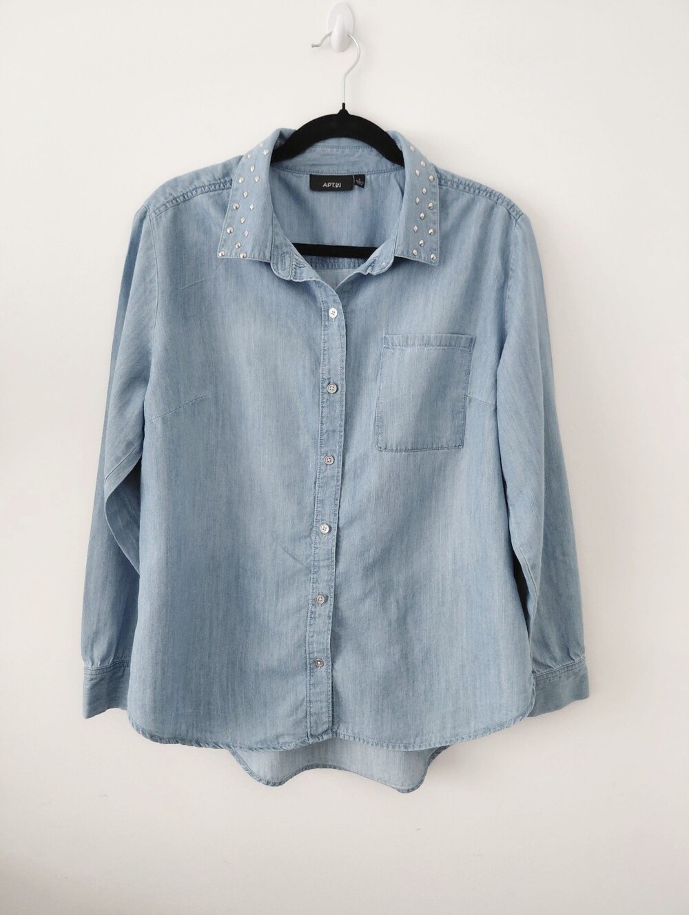 Light Wash Studded Collar Denim Button-Up Shirt